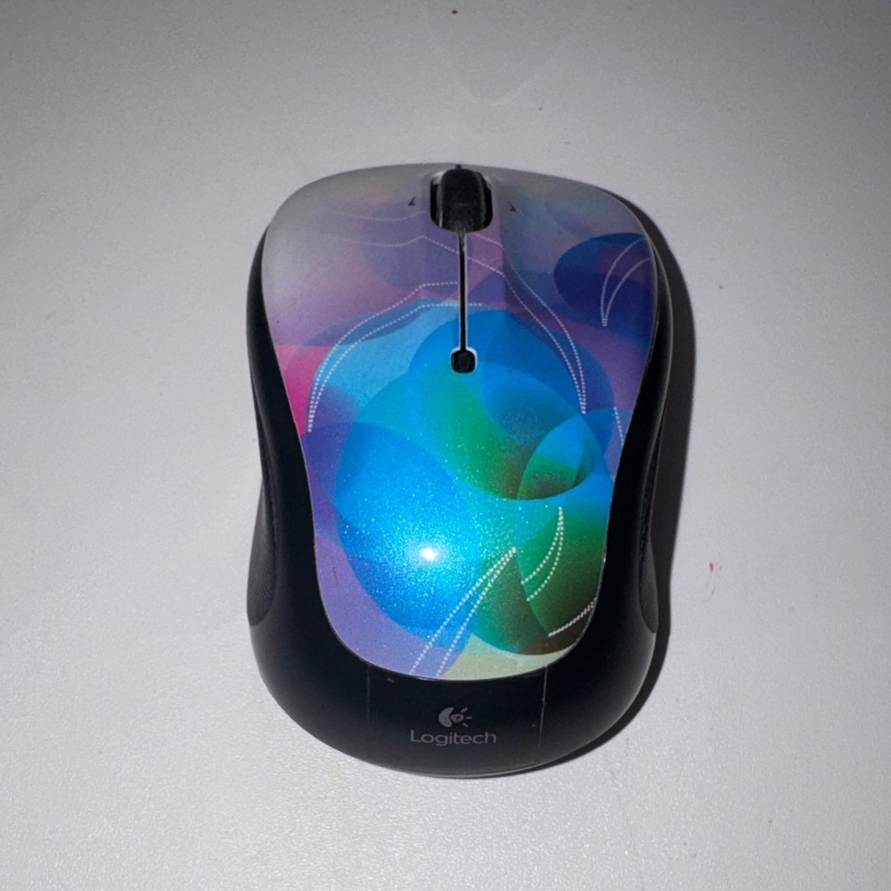 Logitech Wireless Mouse in Blue, Green, Purple and Pink Abstract Top